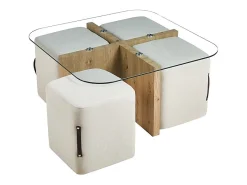 Best Mesa de centro QUADORA – Quadrada 90x90 cm – Vidro & carvalho envelhecido – Com 4 pufes brancos – Design prático e elegante Mesa De Centro