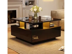 Hot Mesa de centro quadrada brilhante 70×70×40 cm - com iluminação LED - 4 gavetas - Mesa De Centro