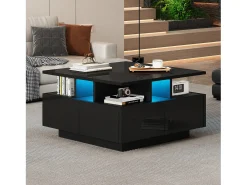 Hot Mesa de centro quadrada brilhante 70×70×40 cm - com iluminação LED - 4 gavetas - Mesa De Centro