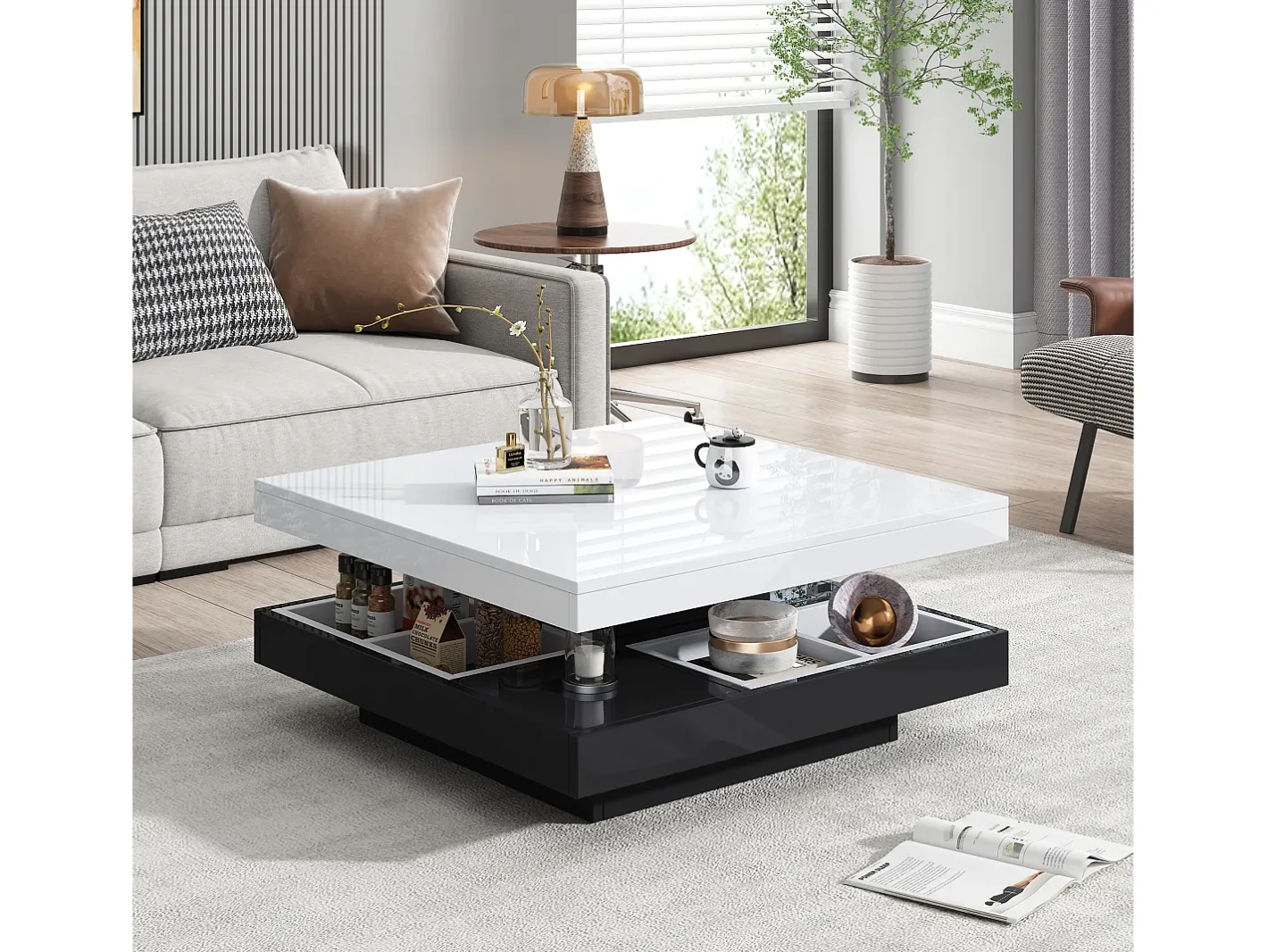 Best Mesa de centro quadrada com 4 compartimentos e tampo giratório - 70 x 70 x 36 cm - Aglomerado - + branco Mesa De Centro