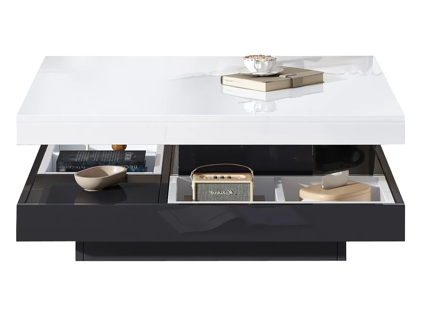 Best Mesa de centro quadrada com 4 compartimentos e tampo giratório - 70 x 70 x 36 cm - Aglomerado - + branco Mesa De Centro