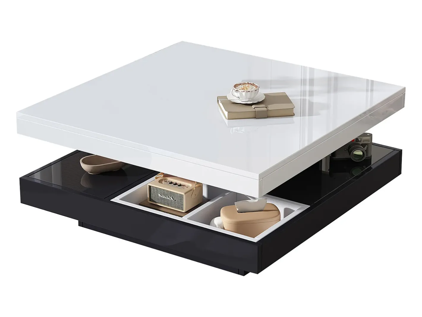 Best Mesa de centro quadrada com 4 compartimentos e tampo giratório - 70 x 70 x 36 cm - Aglomerado - + branco Mesa De Centro