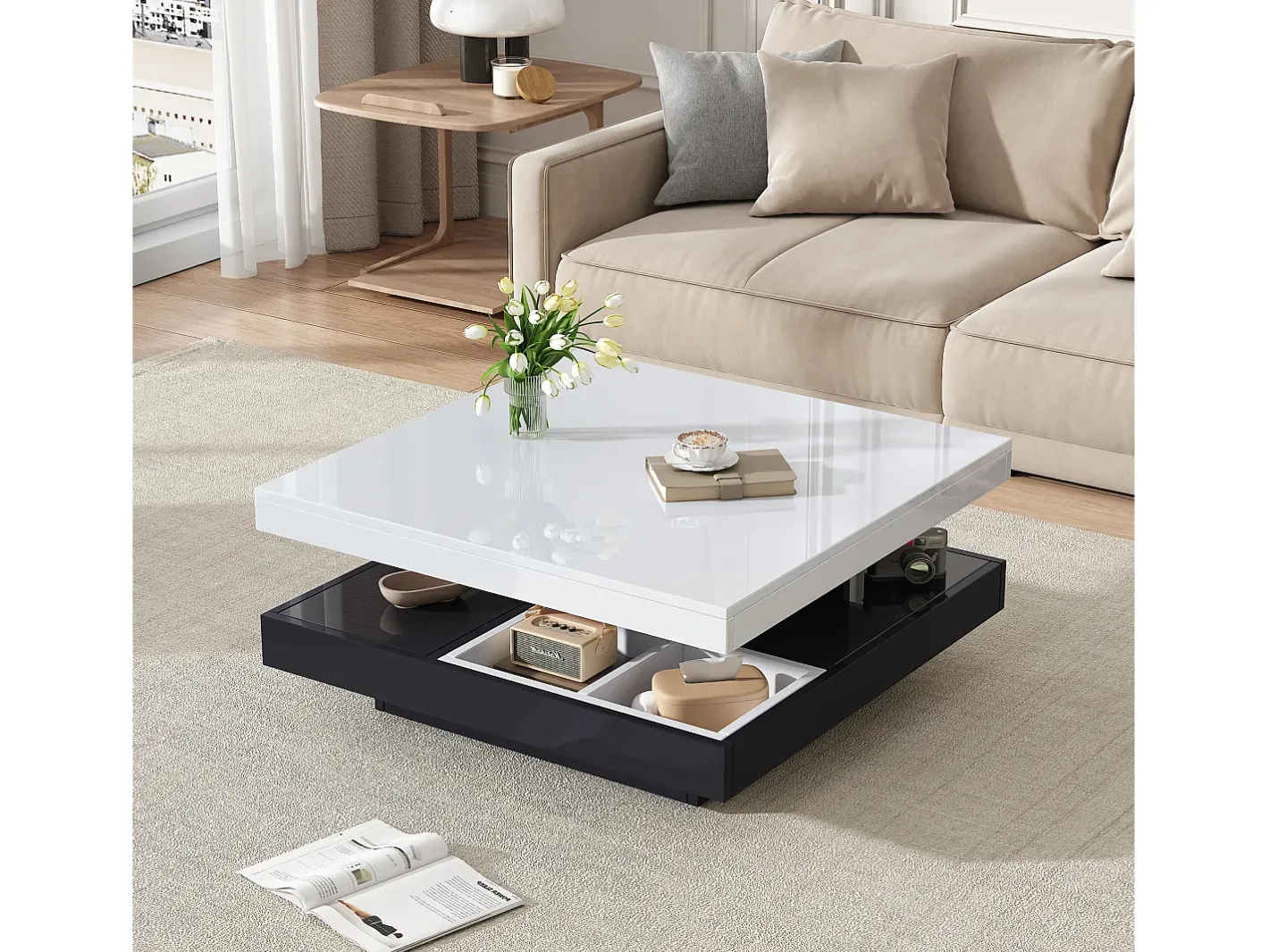 Best Mesa de centro quadrada com 4 compartimentos e tampo giratório - 70 x 70 x 36 cm - Aglomerado - + branco Mesa De Centro