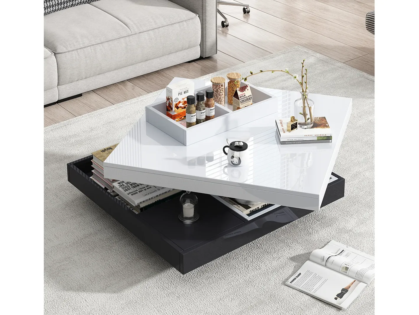 Best Mesa de centro quadrada com 4 compartimentos e tampo giratório - 70 x 70 x 36 cm - Aglomerado - + branco Mesa De Centro