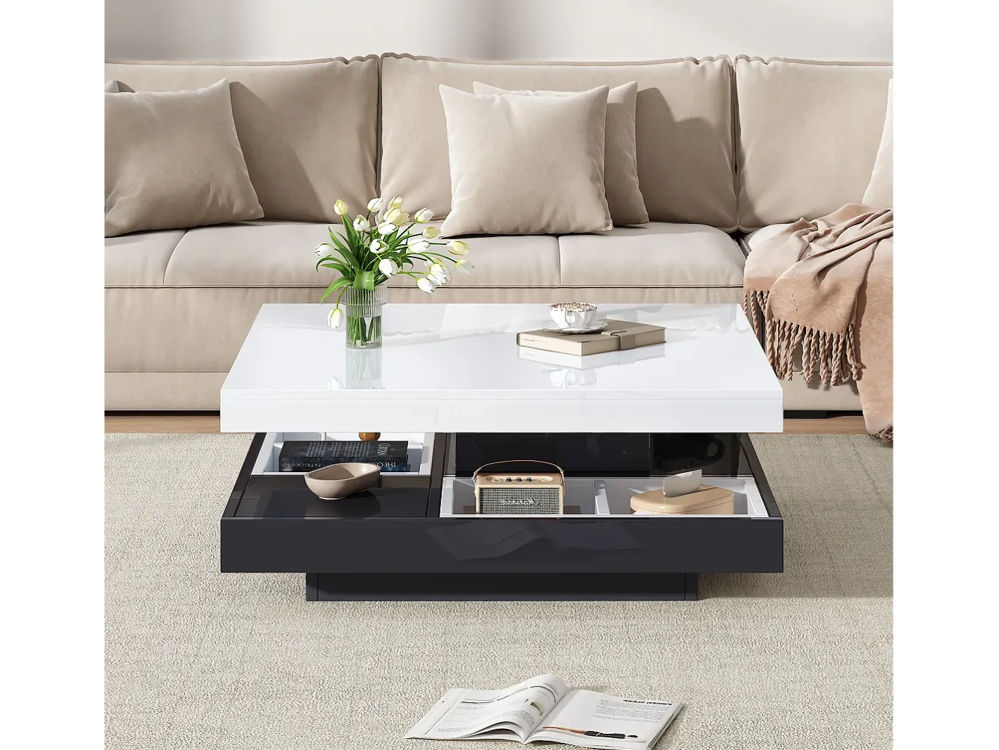 Best Mesa de centro quadrada com 4 compartimentos e tampo giratório - 70 x 70 x 36 cm - Aglomerado - + branco Mesa De Centro