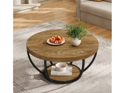 Discount Mesa de Centro Redonda, Mesa de Centro Circular Industrial de 2 Andares com Prateleiras de Armazenamento Mesa De Centro