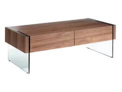 Mesa de centro retangular em nogueira e vidro temperado 2050*Angel Cerda Outlet