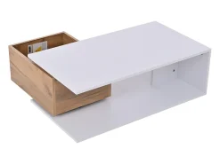 Discount Mesa de centro 90x50x30 cm - 1 gaveta - giratório 360° - Espaço de armazenamento aberto - MDF - Branco + Natural Mesa De Centro