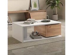Discount Mesa de centro 90x50x30 cm - 1 gaveta - giratório 360° - Espaço de armazenamento aberto - MDF - Branco + Natural Mesa De Centro