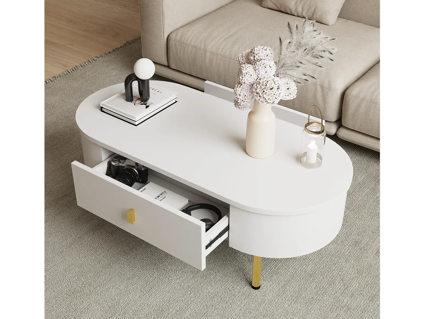 Mesa de centro 108x50x40 cm - com 2 gavetas - puxadores e pés dourados - Mesa De Centro