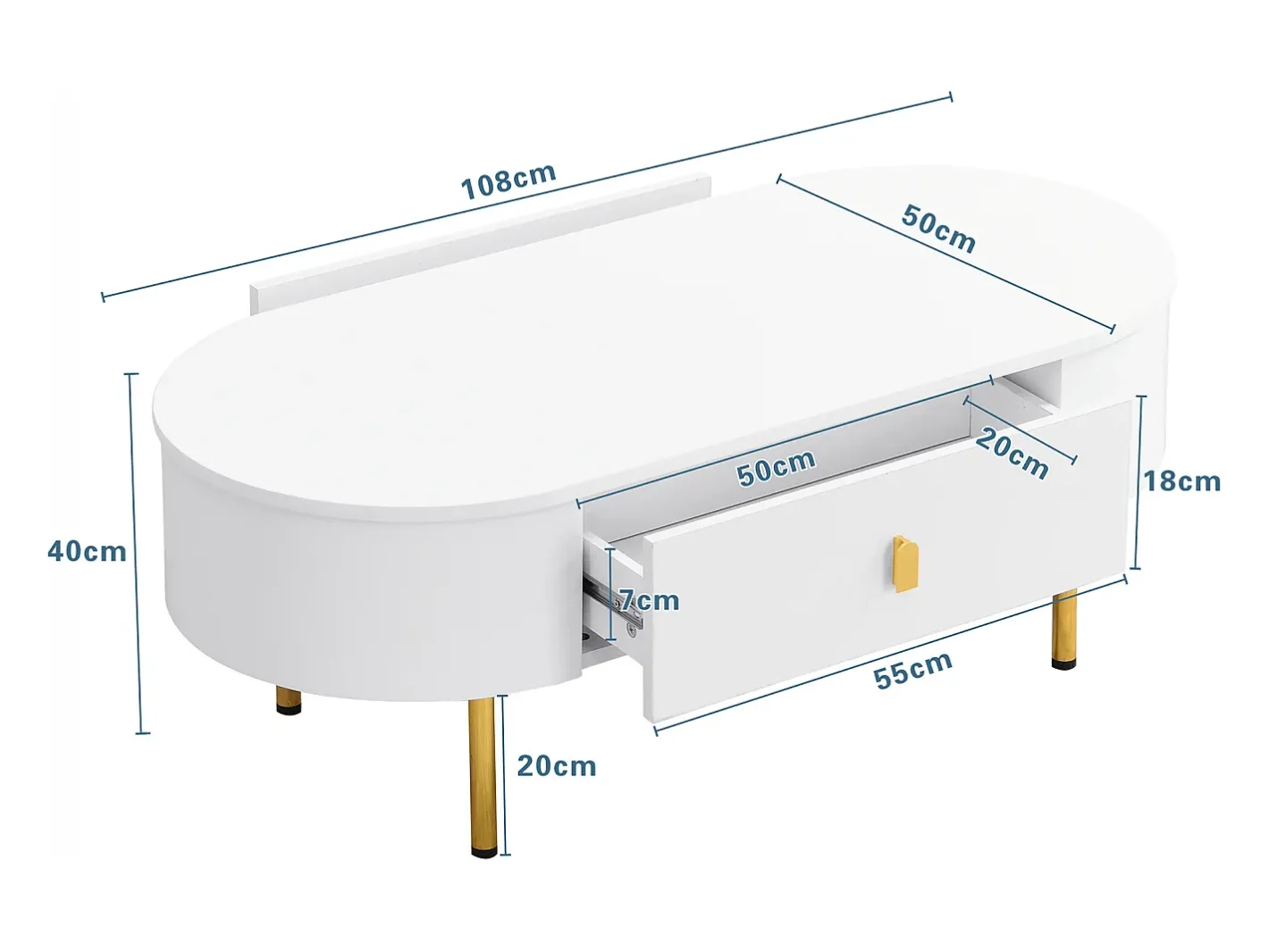 Mesa de centro 108x50x40 cm - com 2 gavetas - puxadores e pés dourados - Mesa De Centro