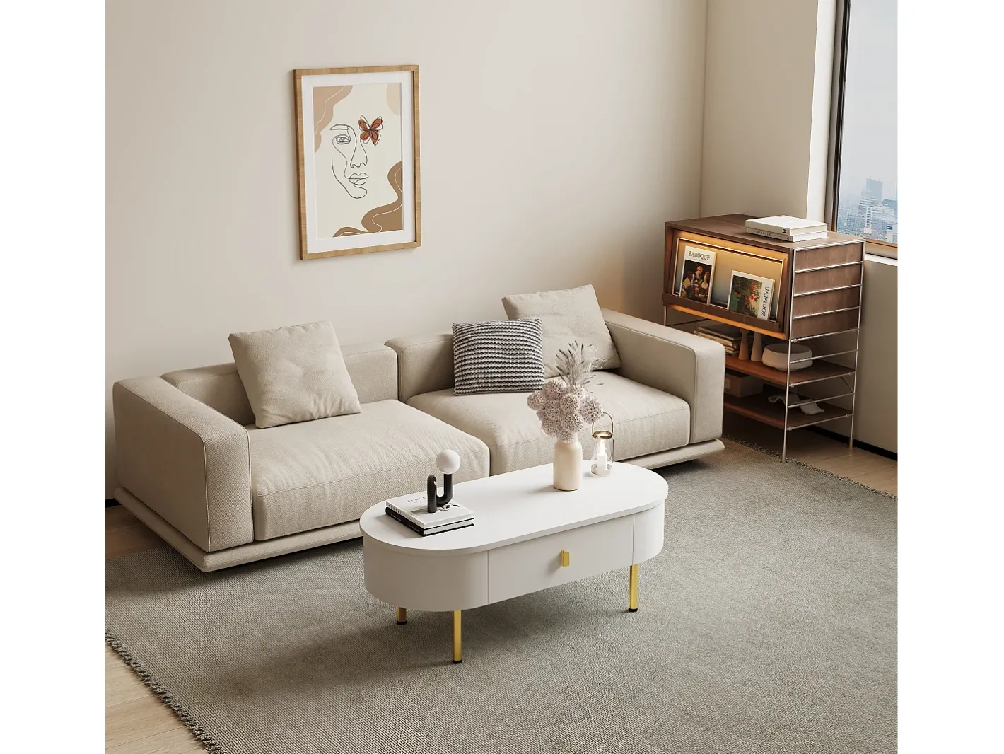 Mesa de centro 108x50x40 cm - com 2 gavetas - puxadores e pés dourados - Mesa De Centro