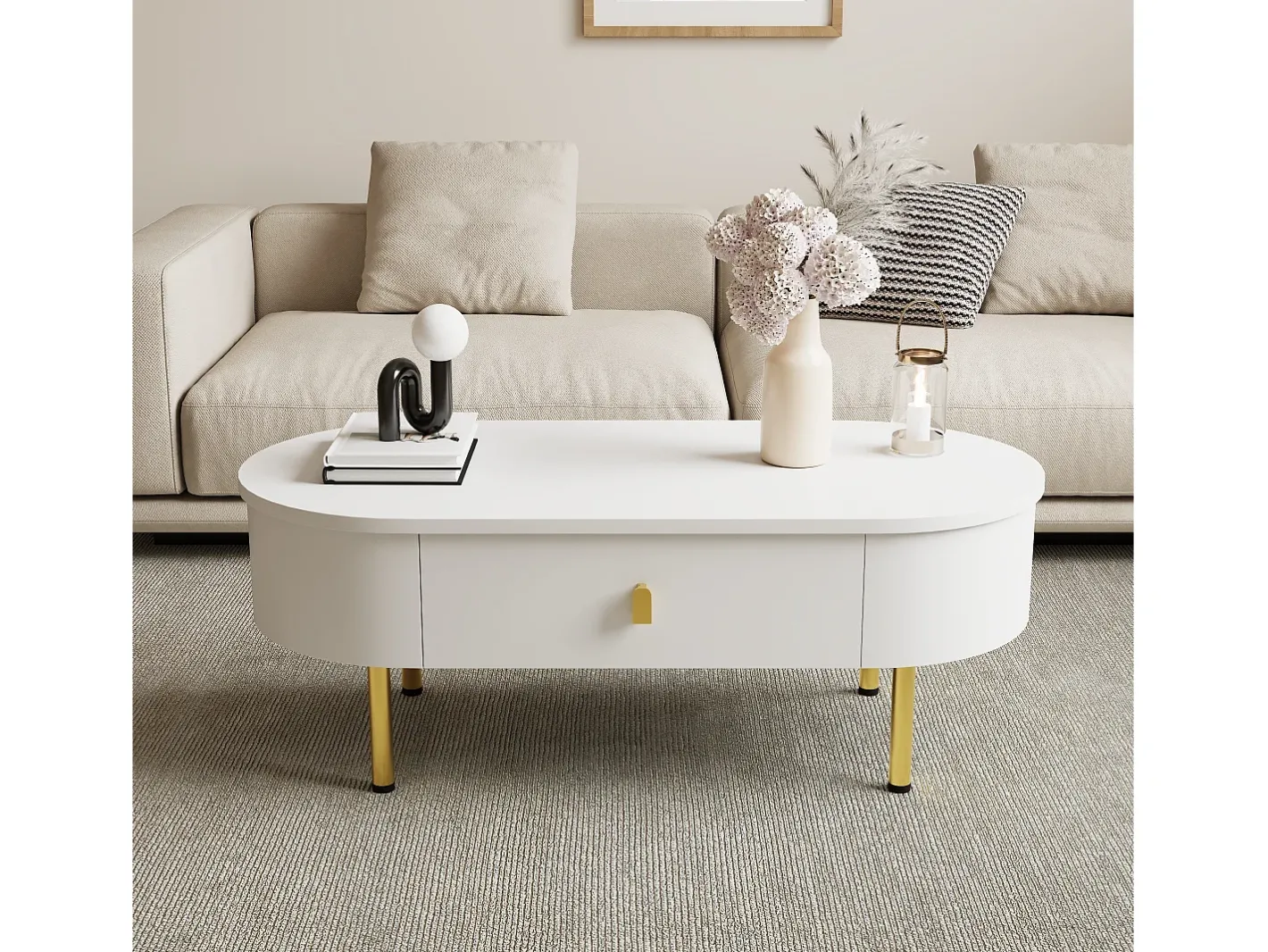 Mesa de centro 108x50x40 cm - com 2 gavetas - puxadores e pés dourados - Mesa De Centro