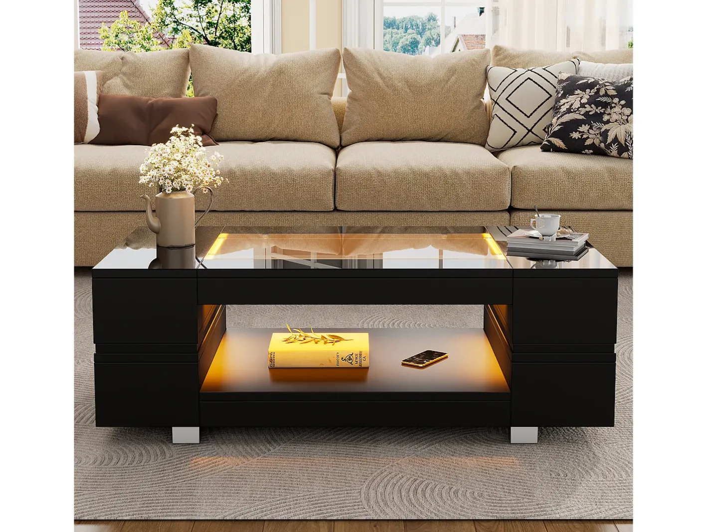 Mesa de centro 100x50x35 cm - com iluminação LED - amplo armazenamento -*ModernLuxe Outlet