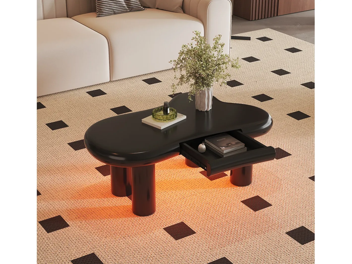 Mesa de centro 98x65.5x40 cm - forma de nuvem - 1 gaveta - com iluminação LED -*ModernLuxe Discount