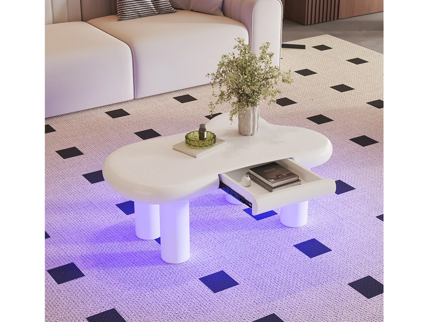Mesa de centro 98x65.5x40 cm - forma de nuvem - 1 gaveta - com iluminação LED -^ModernLuxe Outlet
