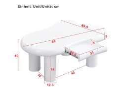 Mesa de centro 98x65.5x40 cm - forma de nuvem - 1 gaveta - com iluminação LED -^ModernLuxe Outlet