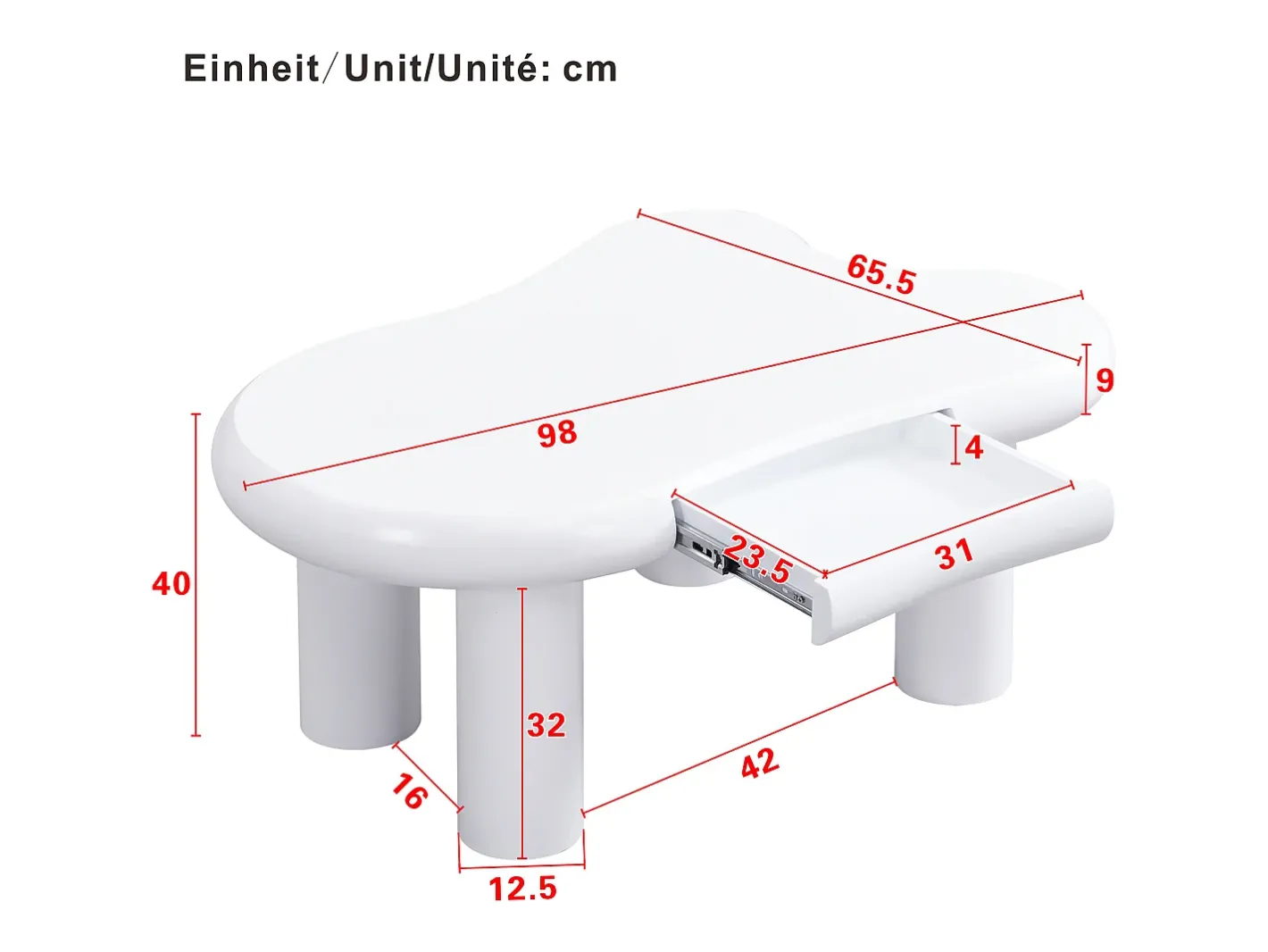 Mesa de centro 98x65.5x40 cm - forma de nuvem - 1 gaveta - com iluminação LED -^ModernLuxe Outlet
