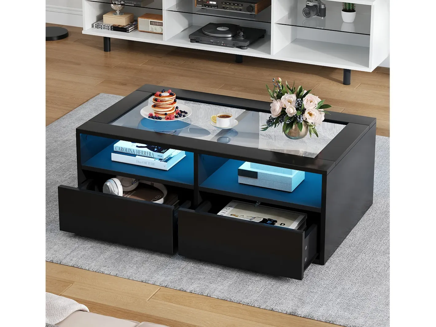 Mesa de centro 100x50x35cm - com iluminação LED - 2 gavetas - Tampo de vidro - Armazenamento aberto -*ModernLuxe Best