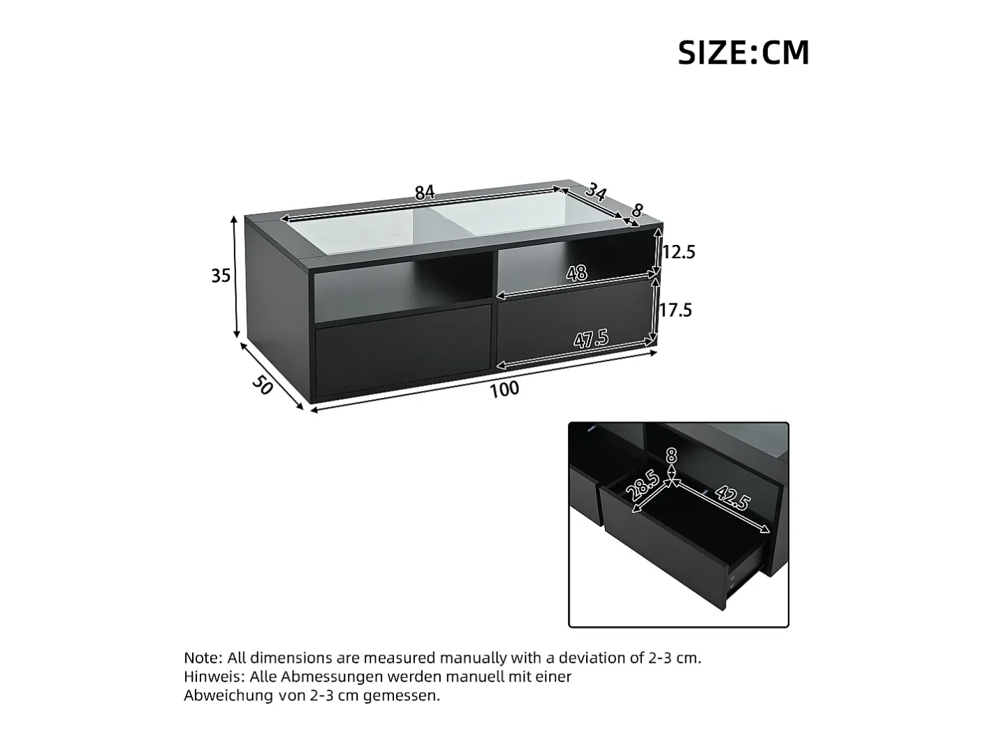 Mesa de centro 100x50x35cm - com iluminação LED - 2 gavetas - Tampo de vidro - Armazenamento aberto -*ModernLuxe Best