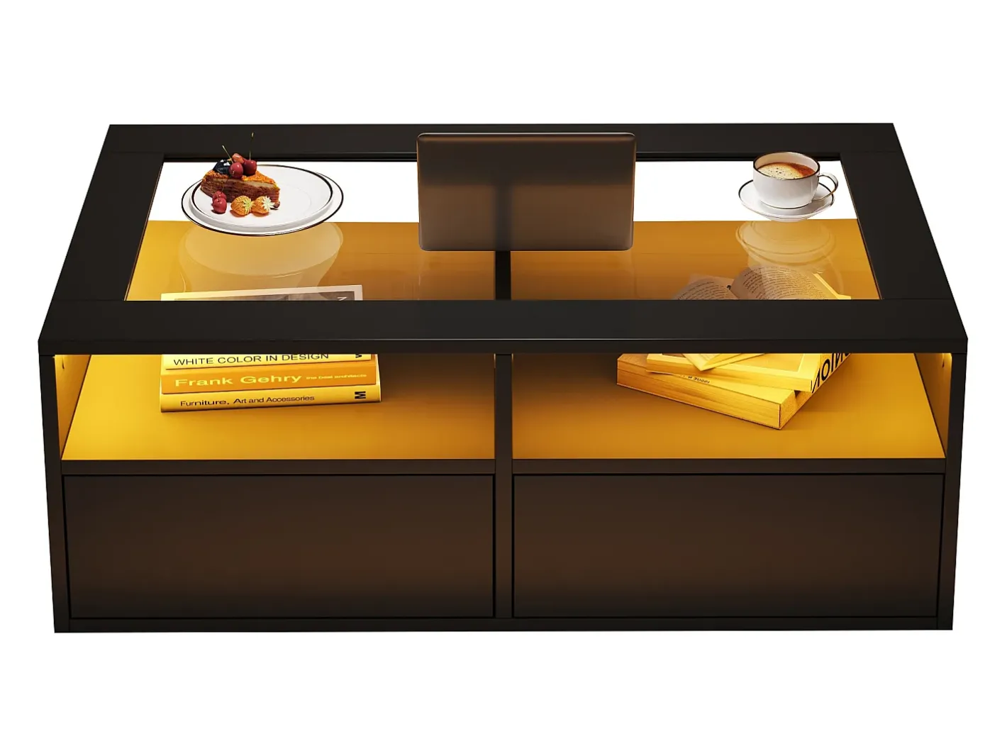Mesa de centro 100x50x35cm - com iluminação LED - 2 gavetas - Tampo de vidro - Armazenamento aberto -*ModernLuxe Best