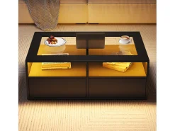 Mesa de centro 100x50x35cm - com iluminação LED - 2 gavetas - Tampo de vidro - Armazenamento aberto -*ModernLuxe Best