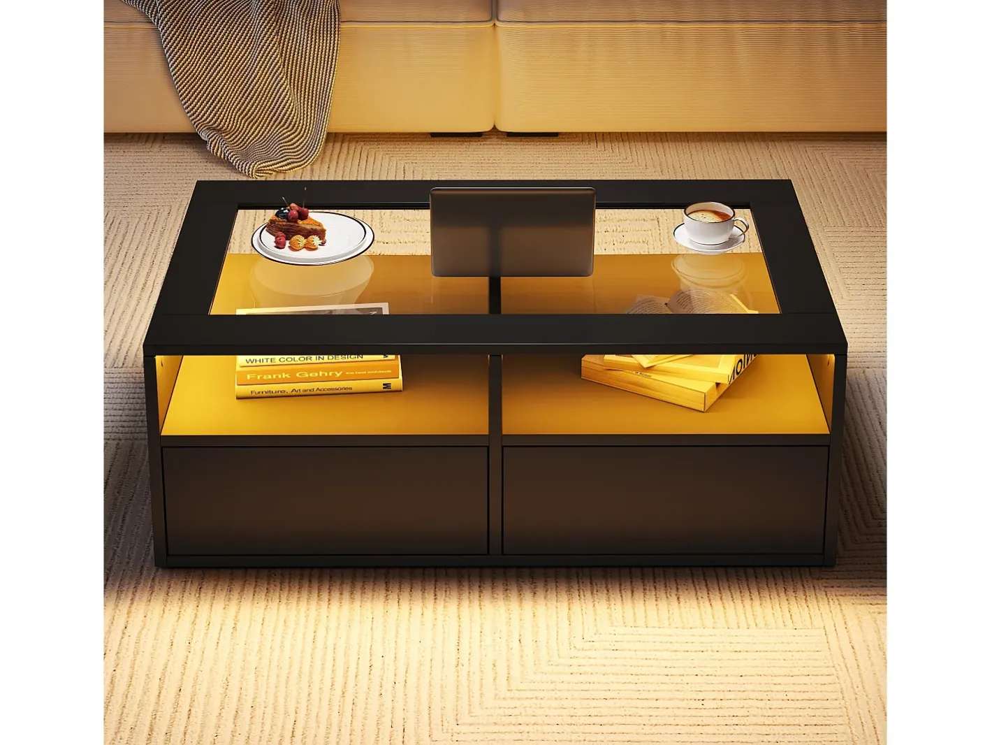 Mesa de centro 100x50x35cm - com iluminação LED - 2 gavetas - Tampo de vidro - Armazenamento aberto -*ModernLuxe Best