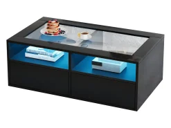 Mesa de centro 100x50x35cm - com iluminação LED - 2 gavetas - Tampo de vidro - Armazenamento aberto -*ModernLuxe Best