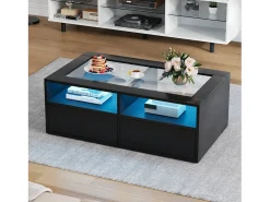 Mesa de centro 100x50x35cm - com iluminação LED - 2 gavetas - Tampo de vidro - Armazenamento aberto -*ModernLuxe Best