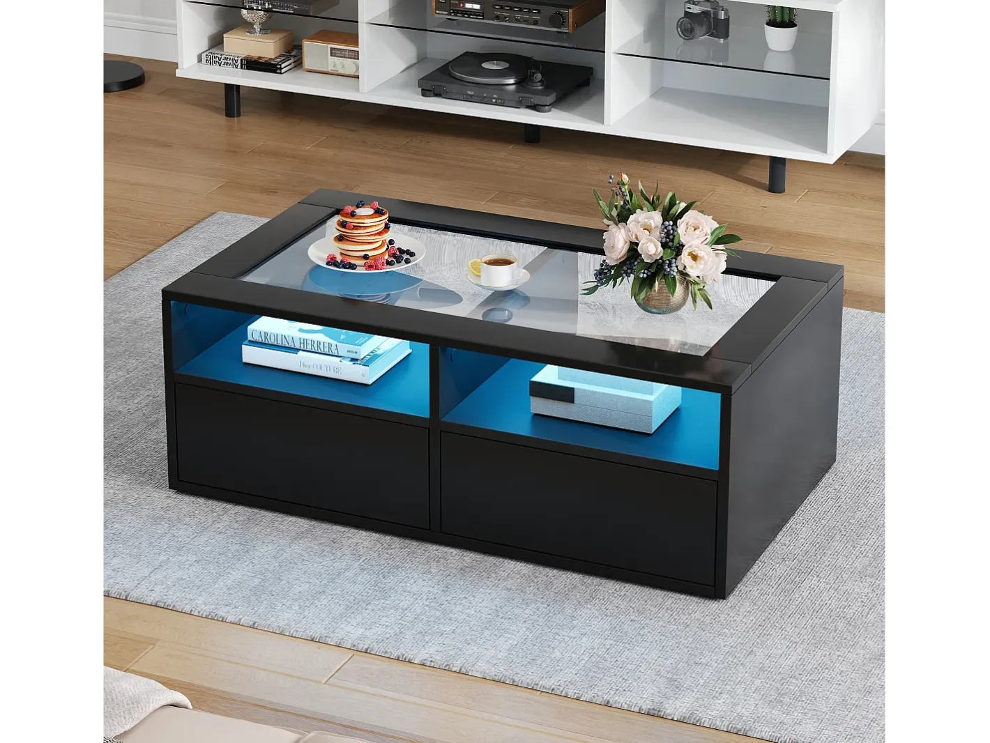 Mesa de centro 100x50x35cm - com iluminação LED - 2 gavetas - Tampo de vidro - Armazenamento aberto -*ModernLuxe Best