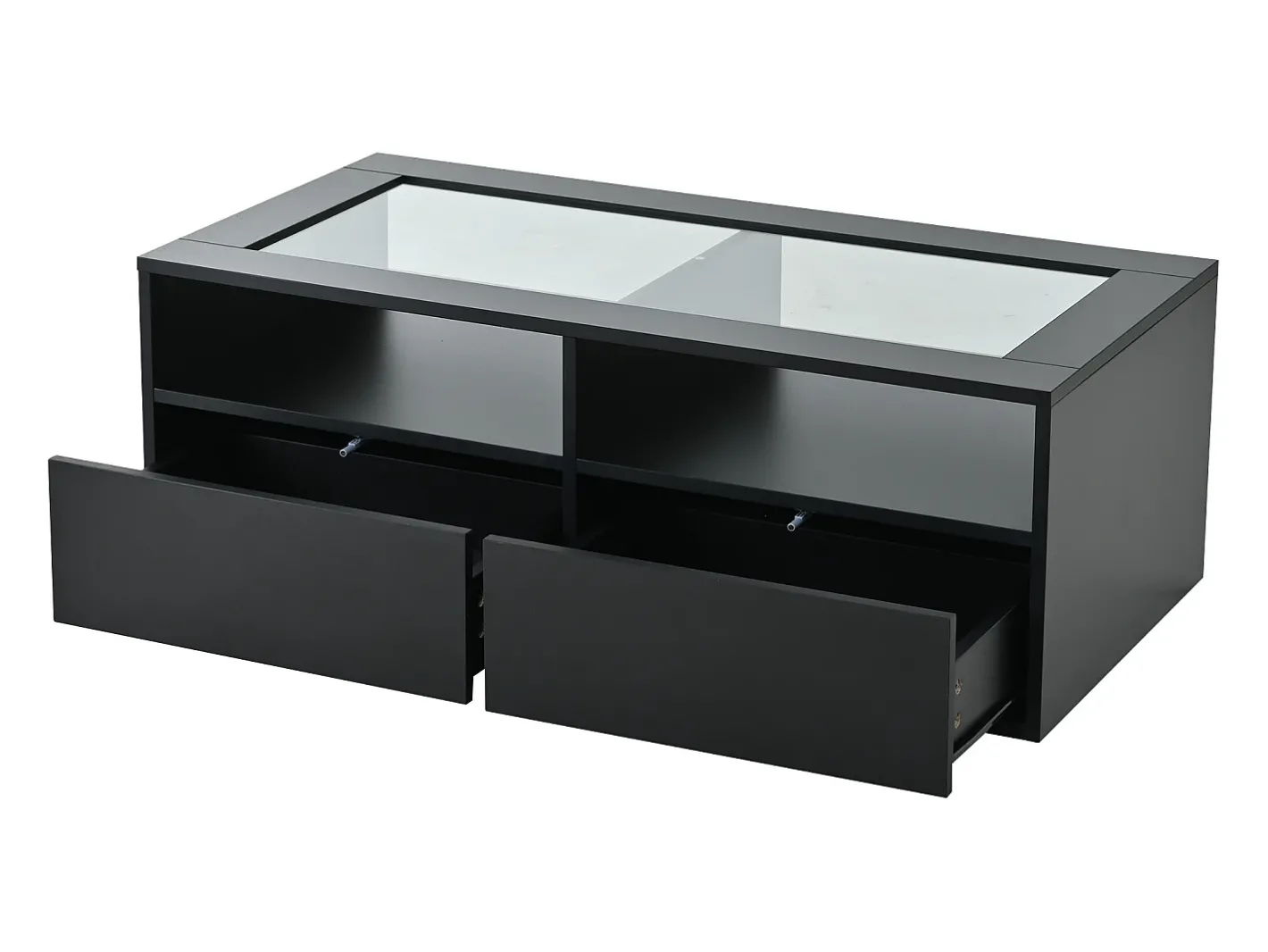 Mesa de centro 100x50x35cm - com iluminação LED - 2 gavetas - Tampo de vidro - Armazenamento aberto -*ModernLuxe Best