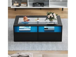 Mesa de centro 100x50x35cm - com iluminação LED - 2 gavetas - Tampo de vidro - Armazenamento aberto -*ModernLuxe Best