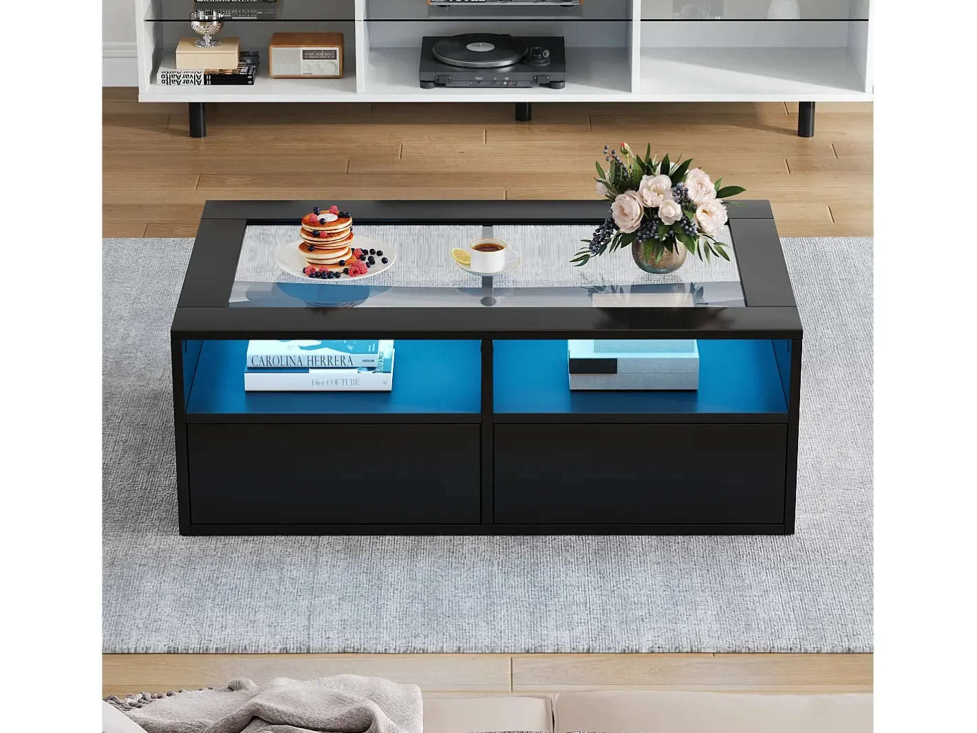Mesa de centro 100x50x35cm - com iluminação LED - 2 gavetas - Tampo de vidro - Armazenamento aberto -*ModernLuxe Best
