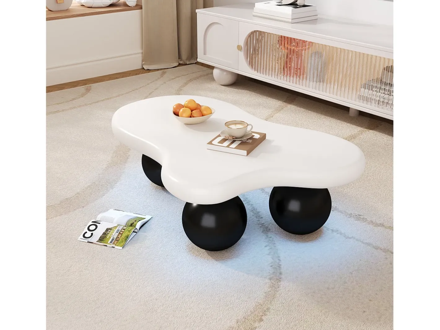 Discount Mesa de centro 95x62.5x32cm - forma de nuvem - com iluminação LED - pés redondos - branco + preto Mesa De Centro