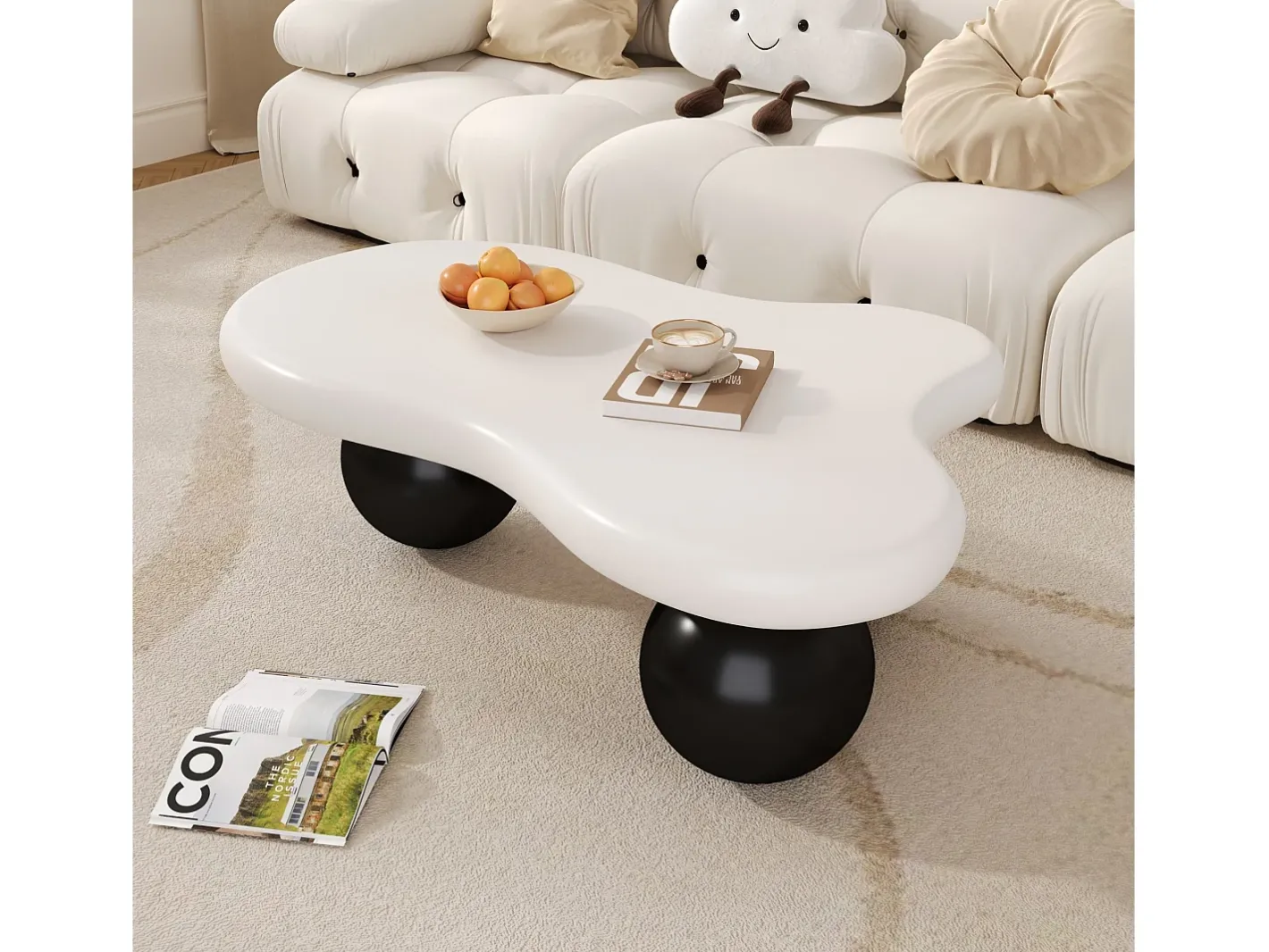 Discount Mesa de centro 95x62.5x32cm - forma de nuvem - com iluminação LED - pés redondos - branco + preto Mesa De Centro