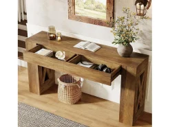 Clearance Mesa de Consola de 160 cm de Comprimento, Mesa de Entrada Rural com 2 Gavetas e Pernas em Forma de X Consola