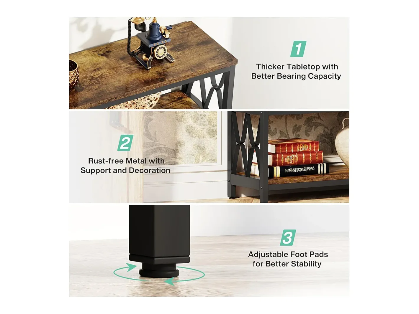 Best Mesa de Console com Prateleiras de Armazenamento, Mesa de Sofá Industrial de 180cm com 3 Andares para Sala de Estar Consola