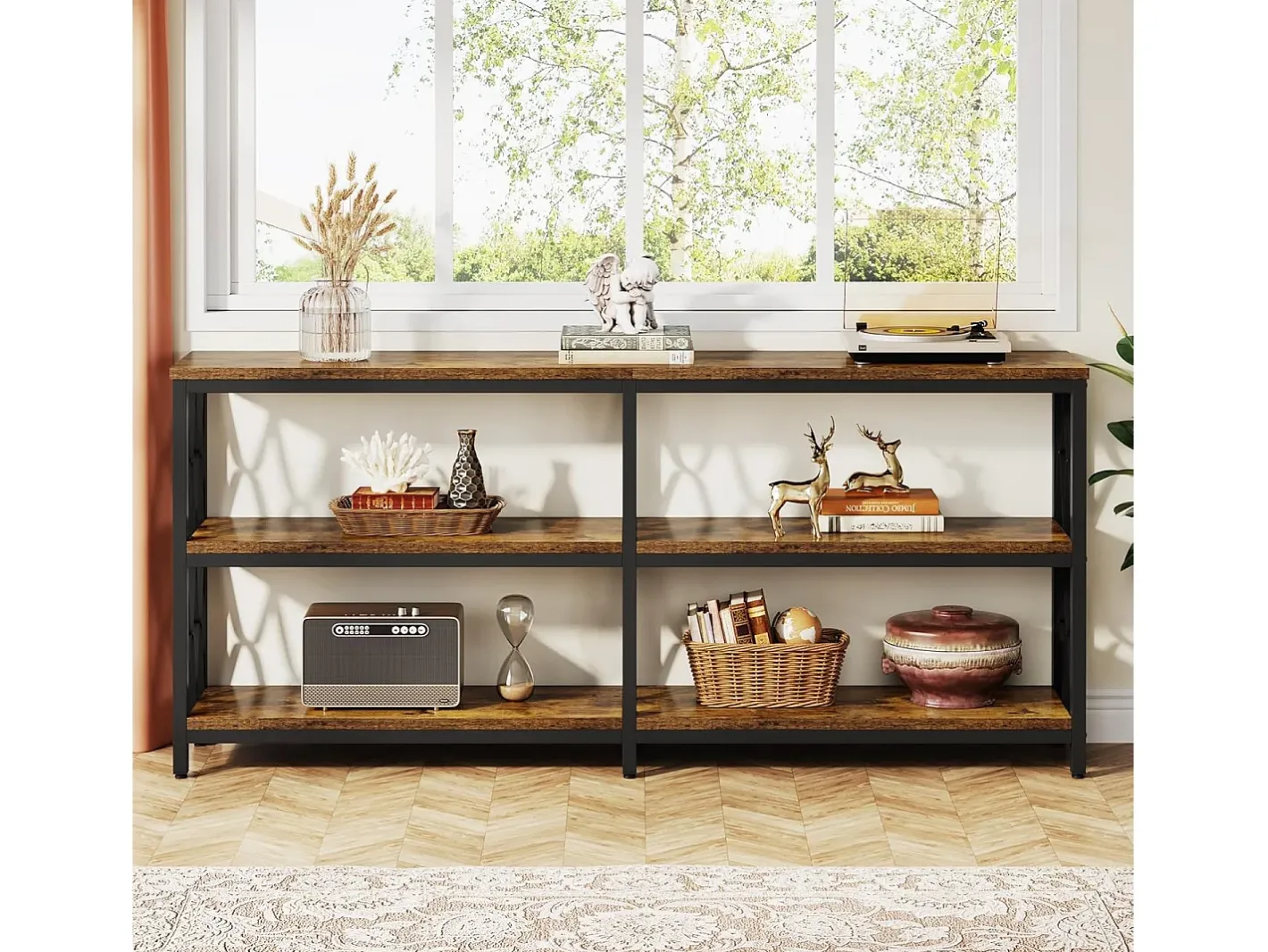 Best Mesa de Console com Prateleiras de Armazenamento, Mesa de Sofá Industrial de 180cm com 3 Andares para Sala de Estar Consola