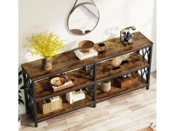 Best Mesa de Console com Prateleiras de Armazenamento, Mesa de Sofá Industrial de 180cm com 3 Andares para Sala de Estar Consola