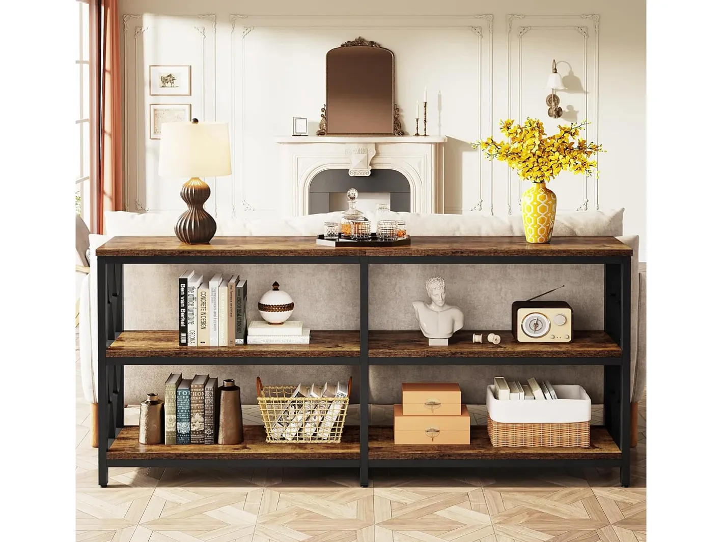 Best Mesa de Console com Prateleiras de Armazenamento, Mesa de Sofá Industrial de 180cm com 3 Andares para Sala de Estar Consola