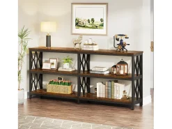 Best Mesa de Console com Prateleiras de Armazenamento, Mesa de Sofá Industrial de 180cm com 3 Andares para Sala de Estar Consola