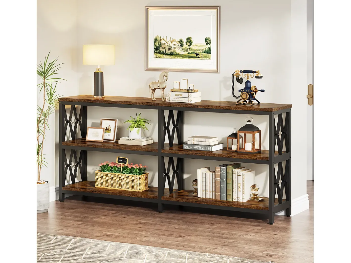 Best Mesa de Console com Prateleiras de Armazenamento, Mesa de Sofá Industrial de 180cm com 3 Andares para Sala de Estar Consola
