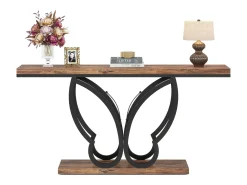 Tribesigns Consola*Mesa de console de 140 cm, Mesa de entrada com moldura em metal em formato de borboleta, Mesa de sofá, Mesas auxiliares longas e estreitas, Marrom e Preto Castanho