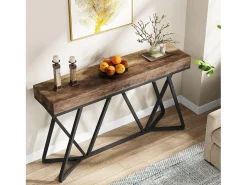 Mesa de Console de 140 cm, Mesa de entrada em madeira com base em metal única, Mesa baixa, Mesa de lareira^Tribesigns