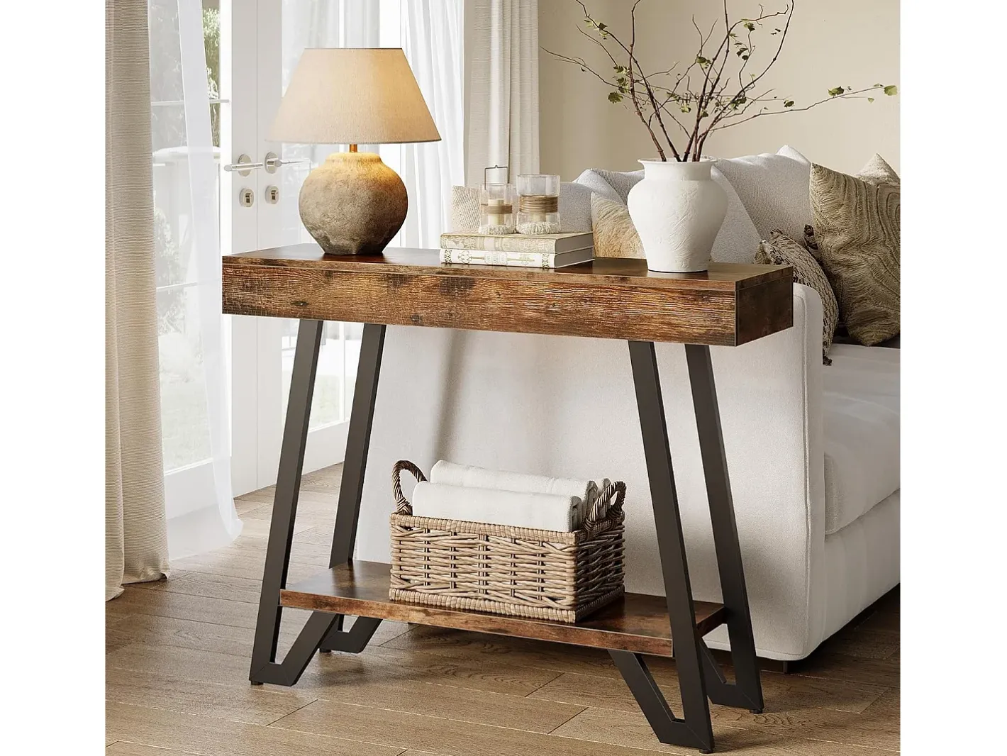 Mesa de Console de 103cm com Quadro Metálico Geométrico, Mesas de Entrada, Prateleiras de Armazenamento, 2 Camadas^Tribesigns