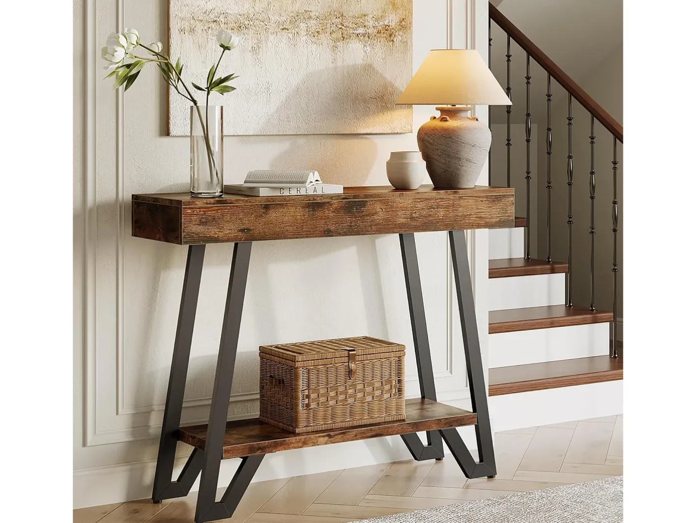 Mesa de Console de 103cm com Quadro Metálico Geométrico, Mesas de Entrada, Prateleiras de Armazenamento, 2 Camadas^Tribesigns