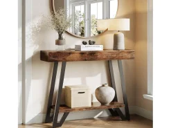 Mesa de Console de 103cm com Quadro Metálico Geométrico, Mesas de Entrada, Prateleiras de Armazenamento, 2 Camadas^Tribesigns
