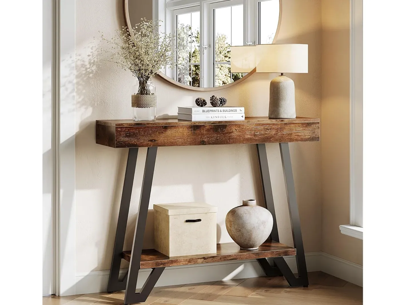 Mesa de Console de 103cm com Quadro Metálico Geométrico, Mesas de Entrada, Prateleiras de Armazenamento, 2 Camadas^Tribesigns
