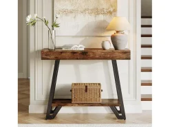 Mesa de Console de 103cm com Quadro Metálico Geométrico, Mesas de Entrada, Prateleiras de Armazenamento, 2 Camadas^Tribesigns