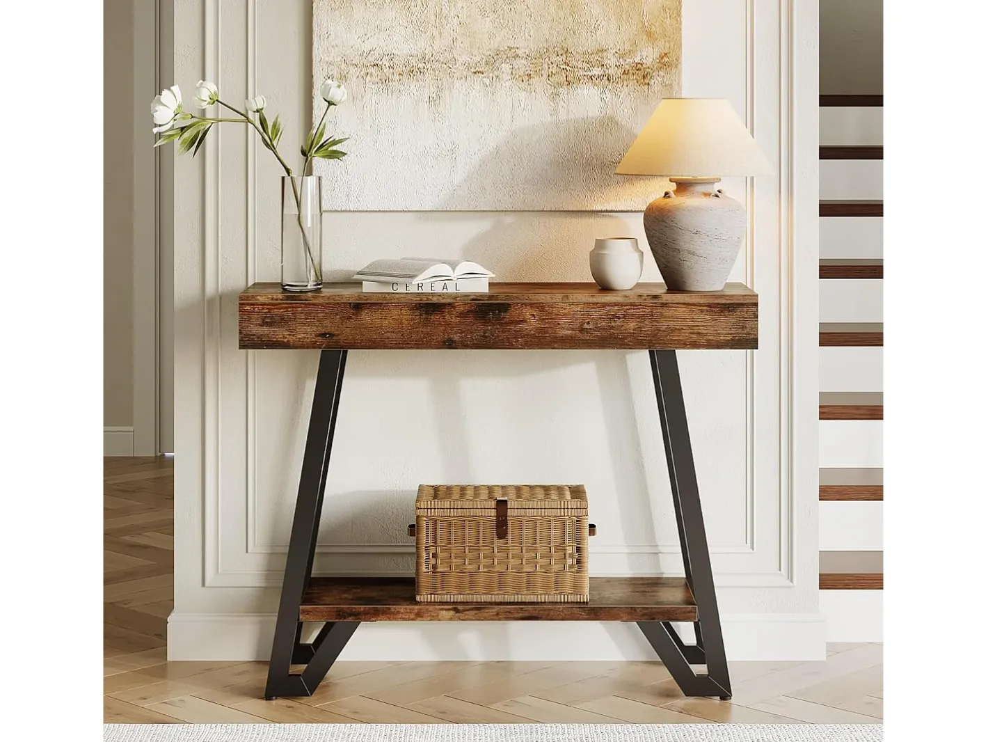 Mesa de Console de 103cm com Quadro Metálico Geométrico, Mesas de Entrada, Prateleiras de Armazenamento, 2 Camadas^Tribesigns